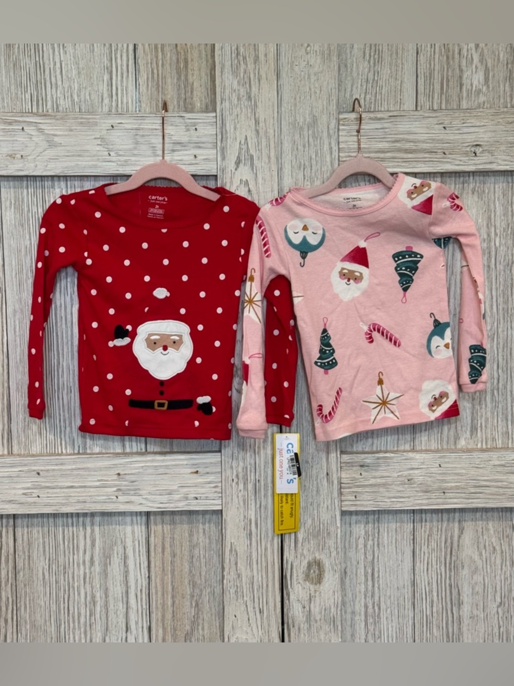 Carters Girls Holiday Santa & Ornament Long Sleeve Pajama Tops Only— Sz 2